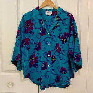 Nordstrom Blue Purple Silk Collared Button Front Top Vintage Size 14
